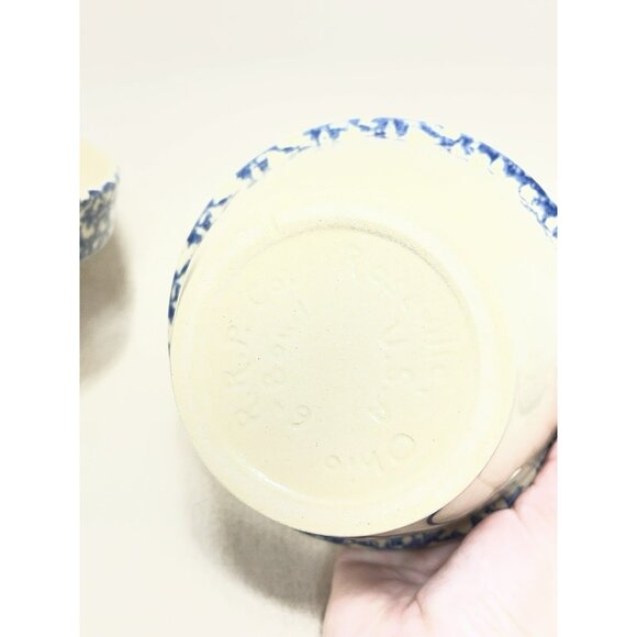 2 Ransbottom Roseville Pottery Wheat Blue Spongeware Nesting Bowls 6 & 7 Inch - Picture 9 of 10